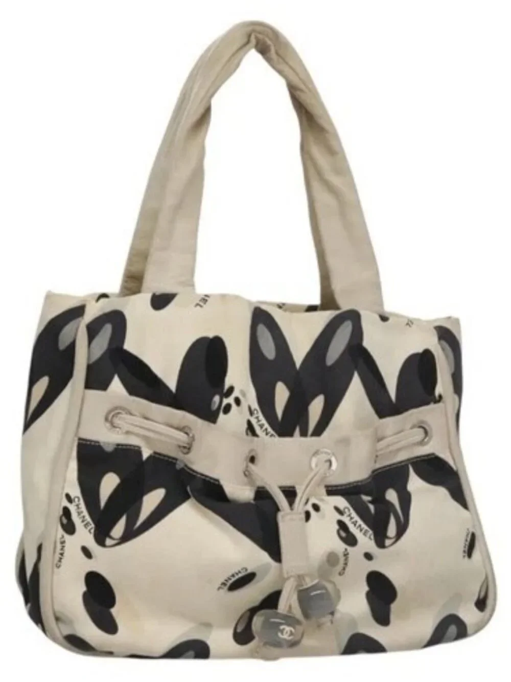 CHANEL Tote Bag Canvas White Black Silver CC Auth bs22011